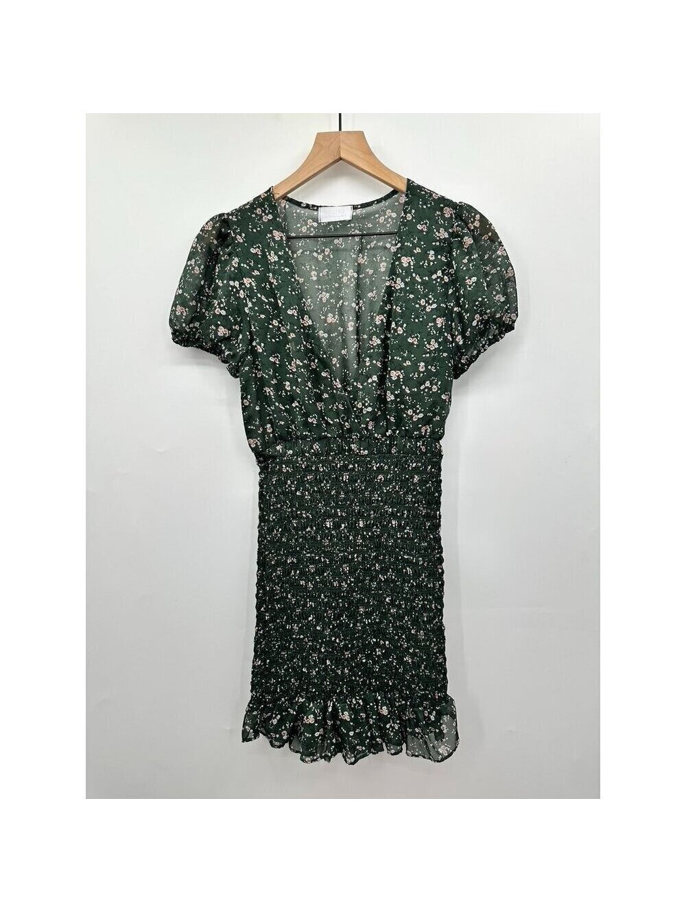 Isalis Green Floral Smocked Mini Dress With Puff Sleeves & Ruffle Hemline